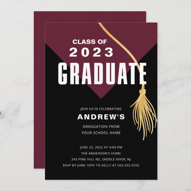 Modern Bold Maroon Cap Graduation Invitation (Front/Back)