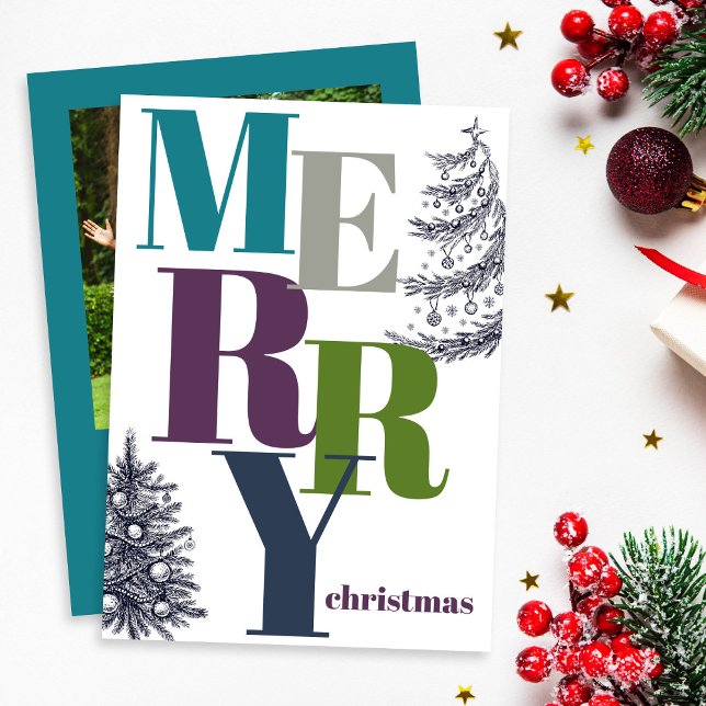 Modern Bold Merry Christmas Blue Photo Holiday Card (Creator Uploaded)