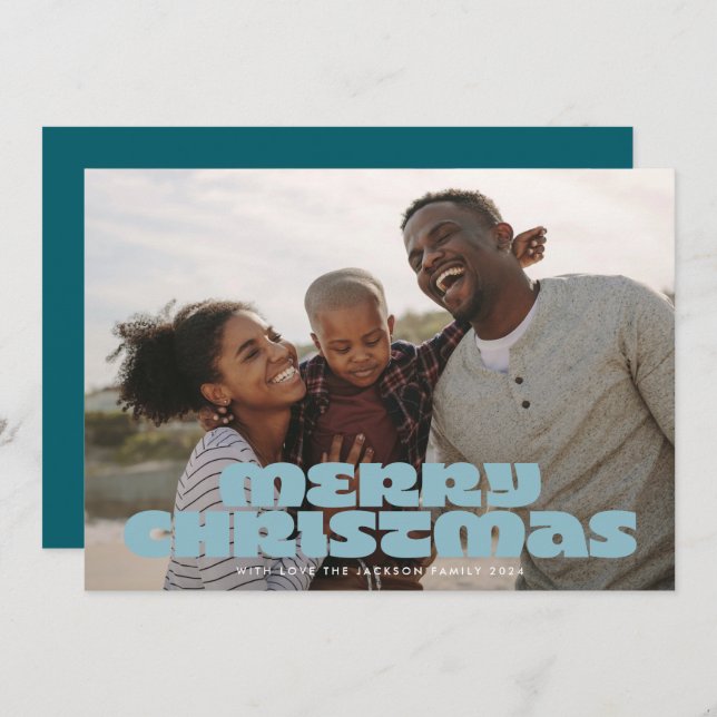 MODERN BOLD Merry Script Retro Photo Blues Holiday Card (Front/Back)