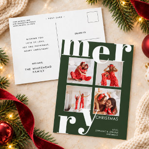 Modern Bold Merry Typography Forest Green 4 Photo Holiday Postcard
