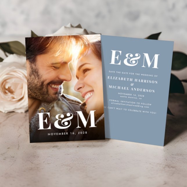 Modern Bold Monogram Initials Photo Dusty Blue Save The Date (Creator Uploaded)
