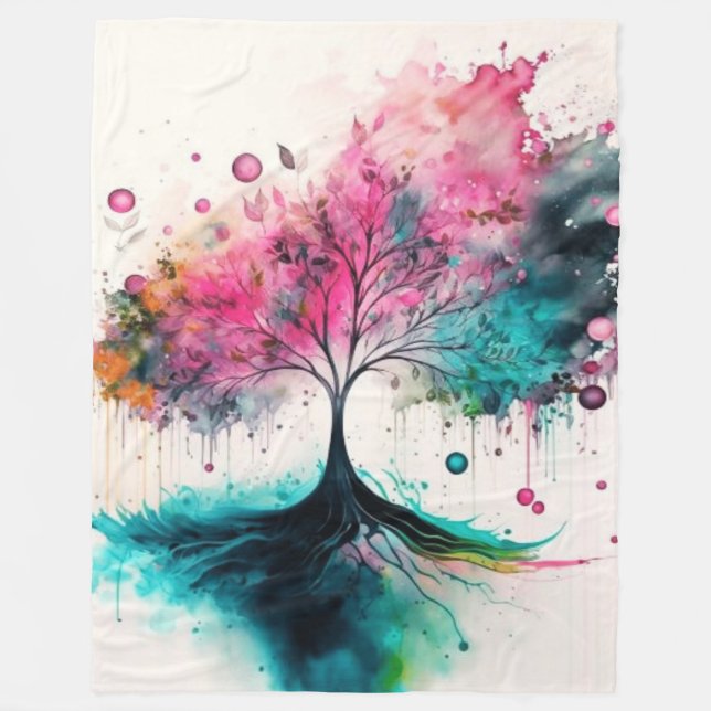 Modern & Bold Mystical Tree (blue, pink, orange) Fleece Blanket (Front)
