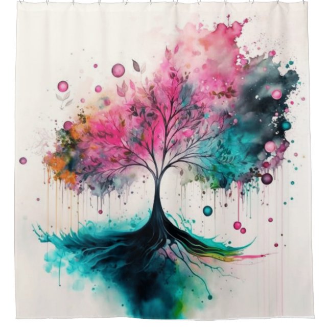 Modern & Bold Mystical Tree (blue, pink, orange) Shower Curtain (Front)