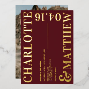 Modern bold names burgundy photo wedding gold