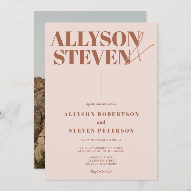 Modern bold names script beige photo wedding invitation (Front/Back)