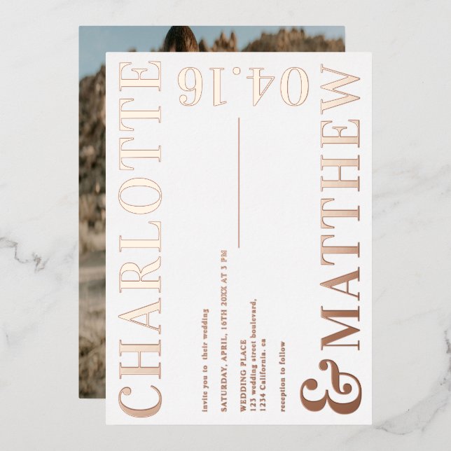 Modern bold names white photo wedding rose gold (Front/Back)