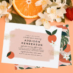 Modern Bold Orange & Blossom Pink Bridal shower Invitation<br><div class="desc">This modern design features a pink brushstroke overlay, two oranges, and soft white orange blossom. There is faux gold dust on both sides of the design. The text appears in a simple layout with the bride's name in bold capitals and different parts of the event information in a handwritten script...</div>