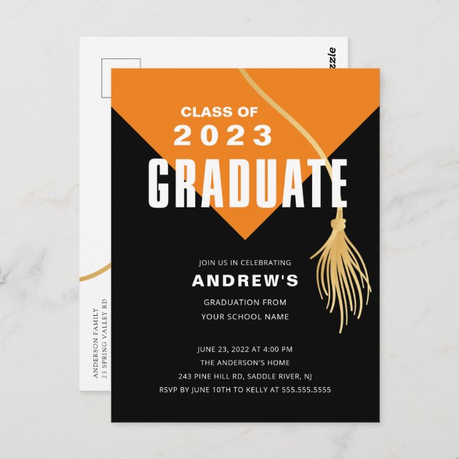 Modern Bold Orange Grad Cap Graduation Postcard (Front/Back)