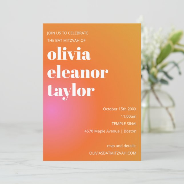 Modern Bold Orange Pink Gradient Bat Mitzvah Invitation (Standing Front)