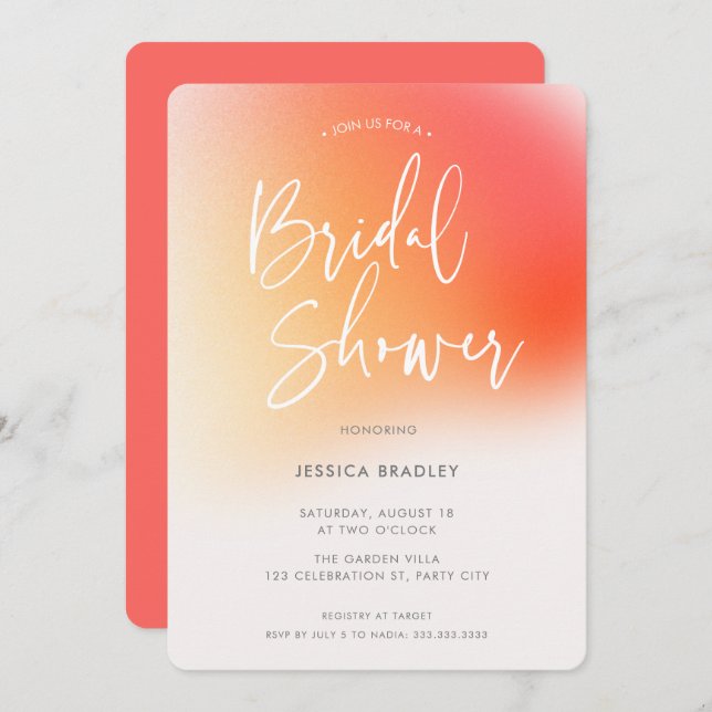 Modern Bold Orange Pink Gradient Bridal Shower Invitation (Front/Back)