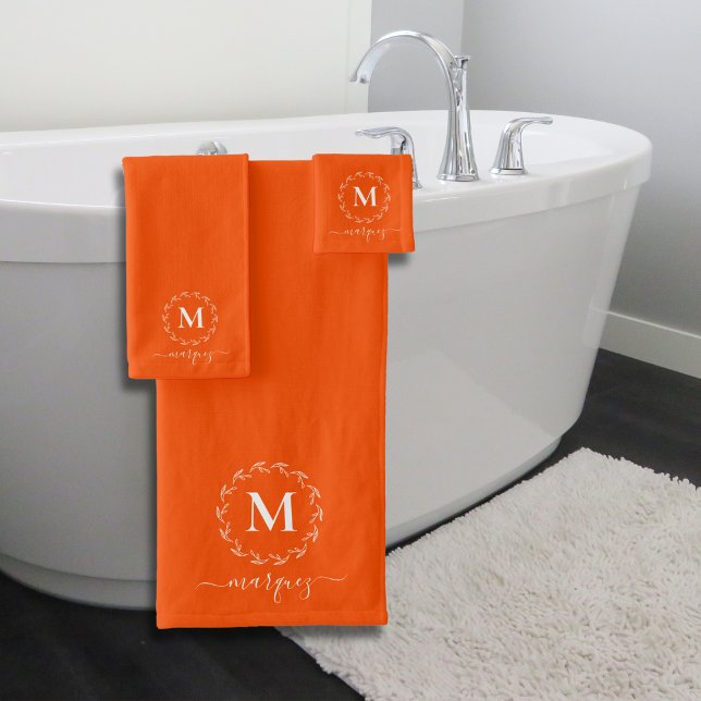 Modern Bold Personalised Orange Wreath Monogram Bath Towel Set (Creator Uploaded)