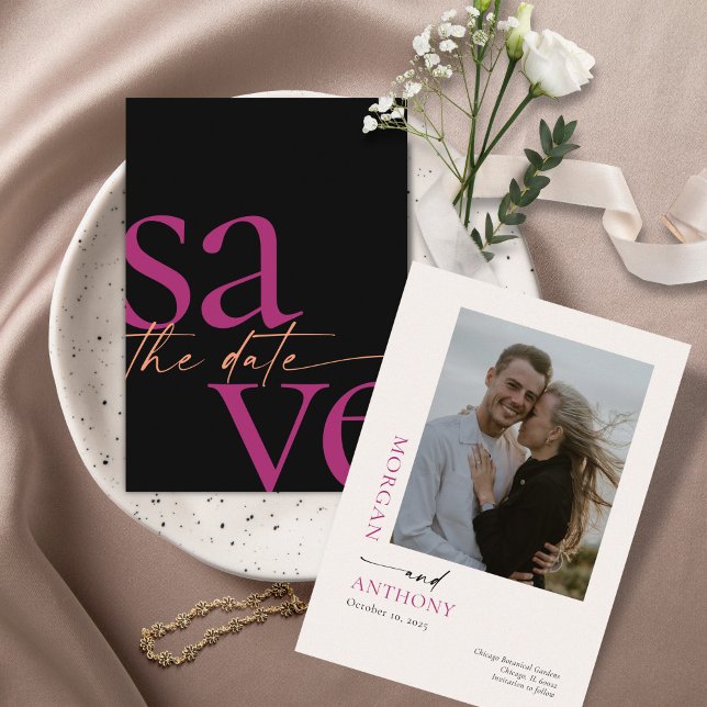 Modern Bold Photo Magenta Melon Black Save The Date (Creator Uploaded)