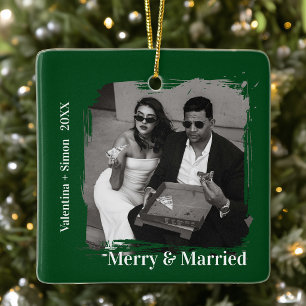 Modern Bold Photo Merry and Married Ceramic Ornament