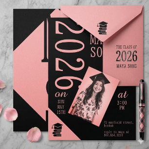 Modern Bold Pink Black Photo Graduation Invite 26!