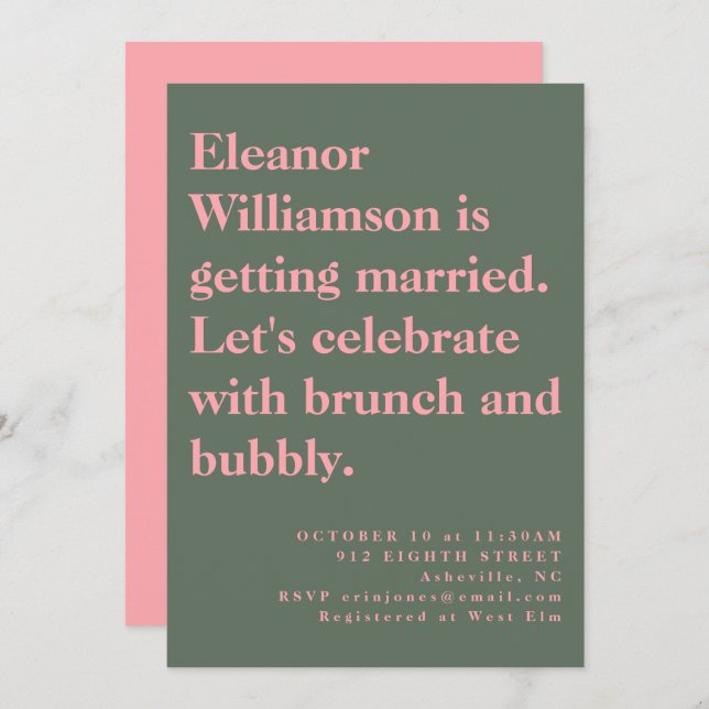 Modern Bold Pink Green Typography Bridal Brunch Invitation (Front/Back)