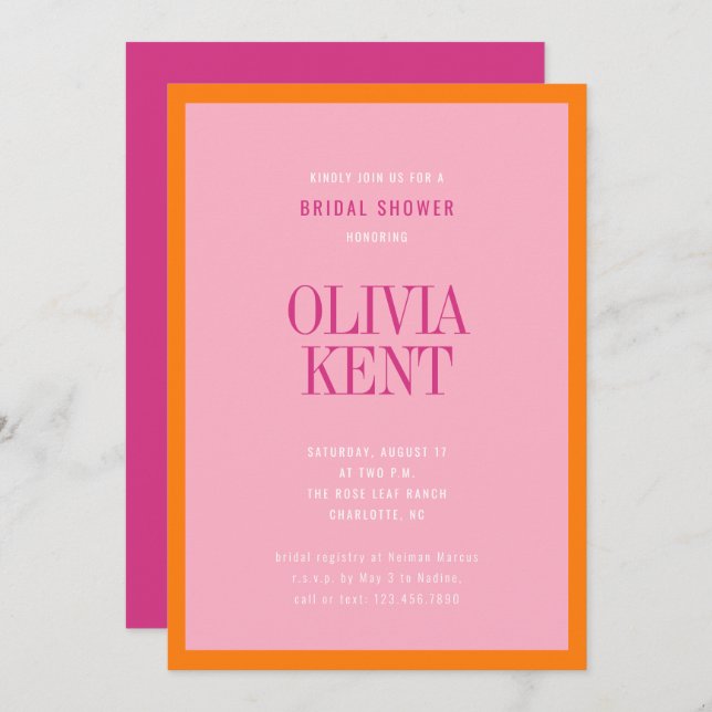 Modern Bold Pink Orange Wedding Bridal Shower Invitation (Front/Back)