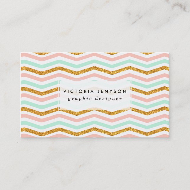 Modern Bold Pink Teal Gold Glitter Chevron Pattern Business Card (Front)