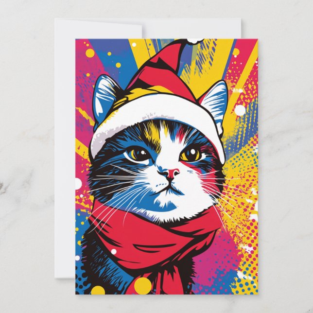 Modern Bold Pop Art Christmas Cat Custom Text Holiday Card (Front)
