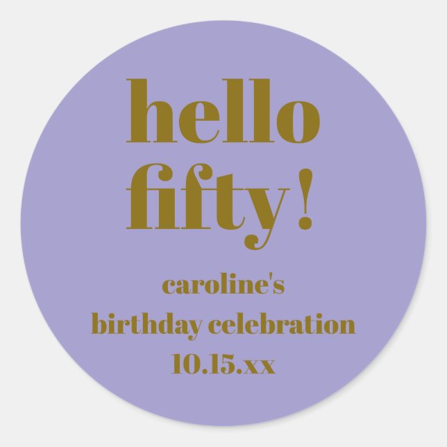 Modern Bold Purple Gold 50th Birthday Custom Classic Round Sticker (Front)