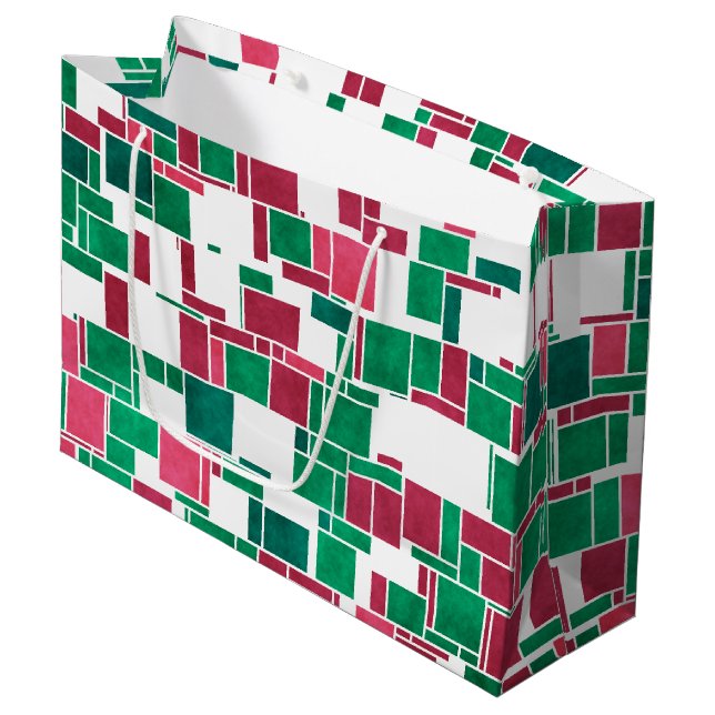 Modern Bold Red and Green Christmas Mondrian Large Gift Bag (Front Angled)