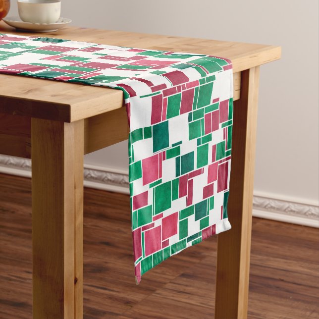 Modern Bold Red and Green Christmas Mondrian Short Table Runner (In Situ)