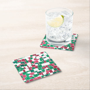 Modern Bold Red and Green Christmas Mondrian Square Paper Coaster