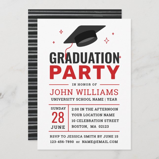 Modern Bold Red Black White Photo Graduation Party Invitation (Front/Back)