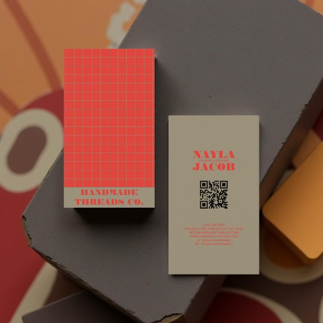 Modern Bold Red Chequered Pattern QR Code  Business Card (Creator Uploaded)