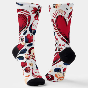 Modern bold red hearts & floral monogram socks
