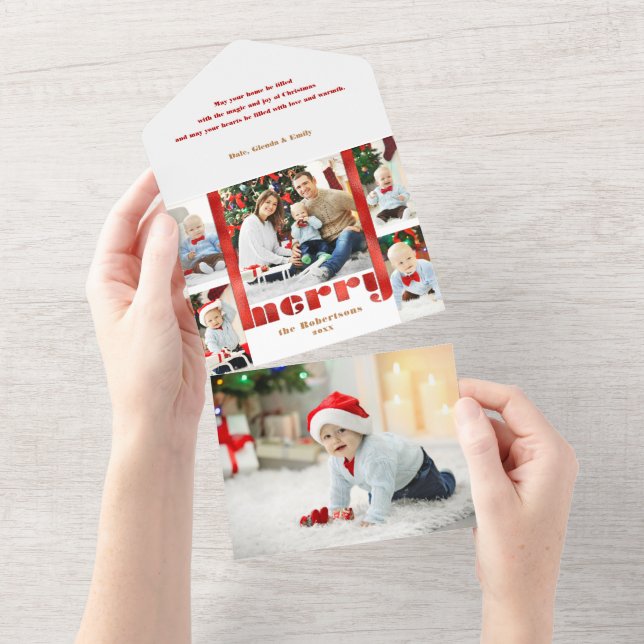 Modern Bold Red Merry Typography 5-Photo  All In One Invitation (Tearaway)