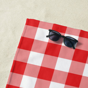 Modern Bold Red White Gingham Pattern Beach Towel