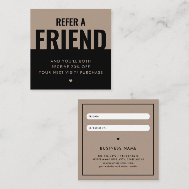 Modern Bold Refer a Friend Referral Discount Square Business Card (Front/Back)