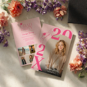 Modern Bold Retro Pink Trendy 6 photos graduation Invitation