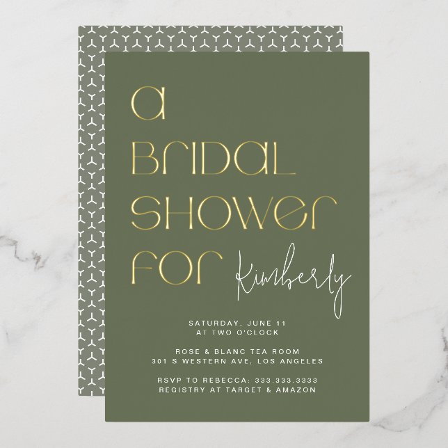 Modern Bold Sage Green Bridal Shower Gold (Front/Back)