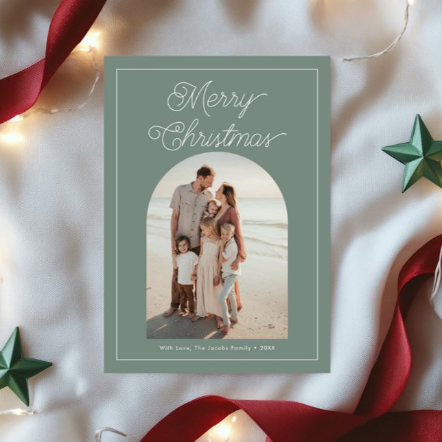 Modern Bold Script Arch Photo Olive Green Holiday Card (Creator Uploaded)