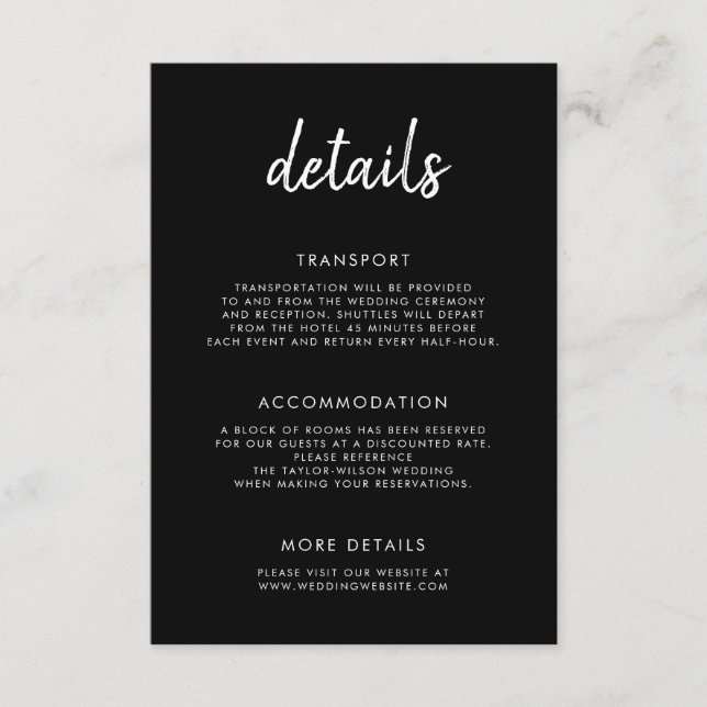 Modern Bold Script Black White Wedding Details Enclosure Card (Front)