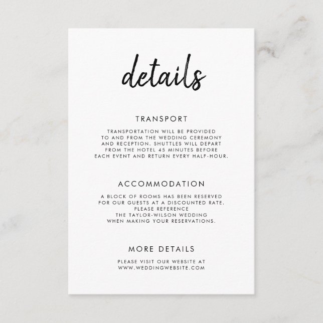 Modern Bold Script Black White Wedding Details Enclosure Card (Front)