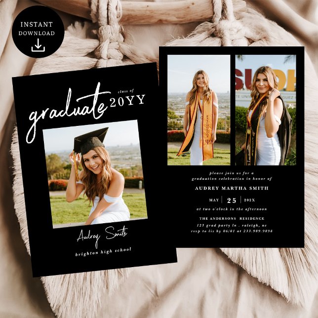 Modern Bold Script Graduate 3 Photo Graduation Invitation (Creator Uploaded)