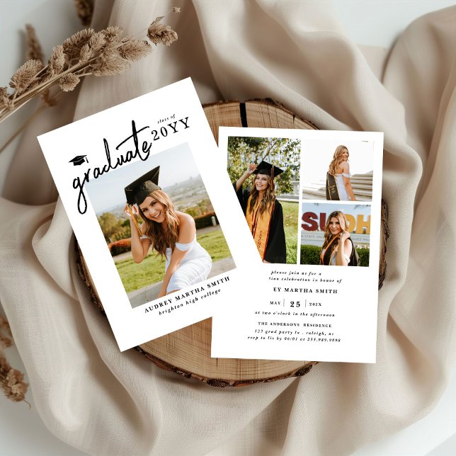 Modern Bold Script Graduate 4 Photo Graduation Invitation (Creator Uploaded)
