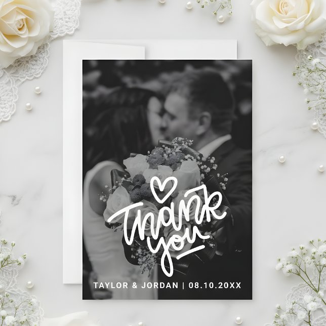 Modern Bold Script Heart Photo Wedding  Thank You Card (Creator Uploaded)