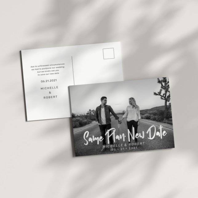 Modern Bold Script Photo Change The Date Postcard (Creator Uploaded)
