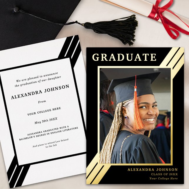 Modern Bold Stripes Grad Photo Black and Gold (Modern black and gold foil stripes graduate photo  graduation announcement card )