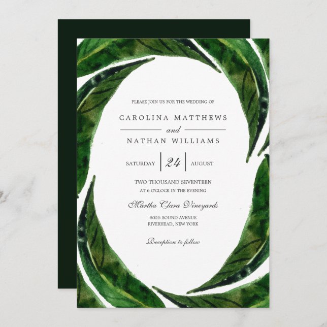 Modern Bold Tropical Leaves Wedding  | Dark Invitation (Front/Back)