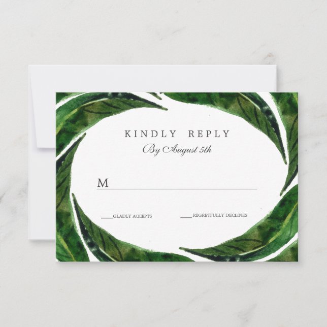 Modern Bold Tropical Leaves Wedding RSVP | Dark Card (Front)