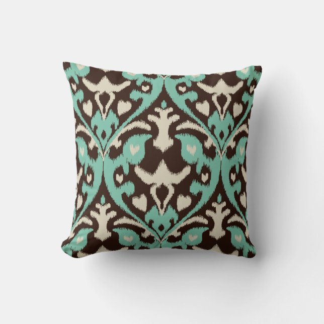 Modern bold turquoise brown ikat tribal pattern cushion (Front)