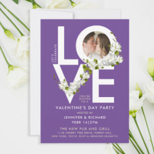 Modern Bold Typo White Purple Love Photo Floral Invitation