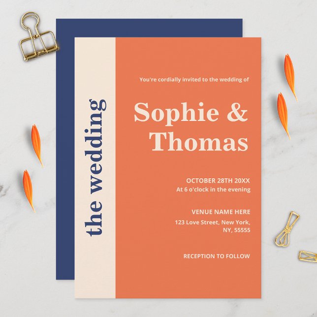 Modern Bold Typography Apricot Navy Blue Wedding Invitation (Creator Uploaded)