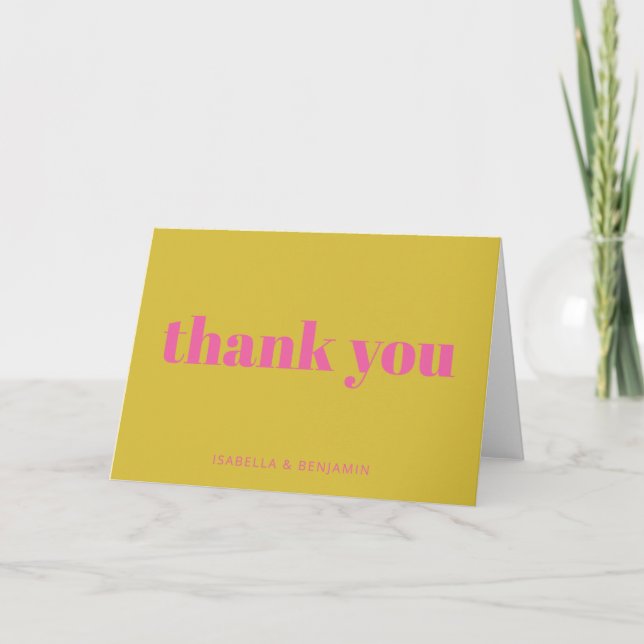 Modern Bold Typography Bright Pink Yellow Wedding Thank You Card (Front)