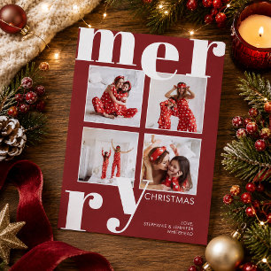 Modern Bold Typography Burgundy Red 4 Photo Merry  Holiday Card