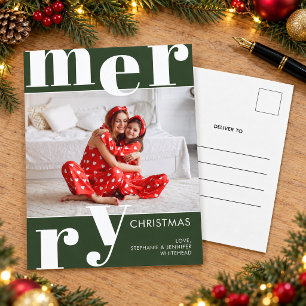 Modern Bold Typography Forest Green Photo Merry Holiday Postcard